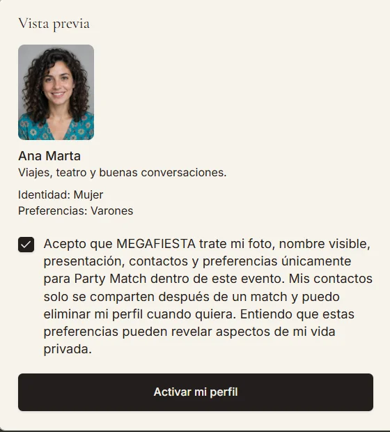 Vista previa del perfil y aceptación de condiciones.