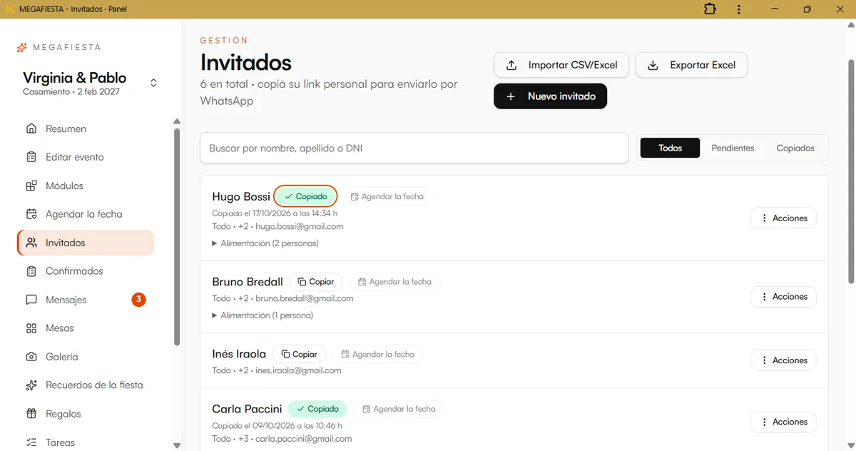 Listado de invitados en el panel, con links personales para copiar y buscador.
